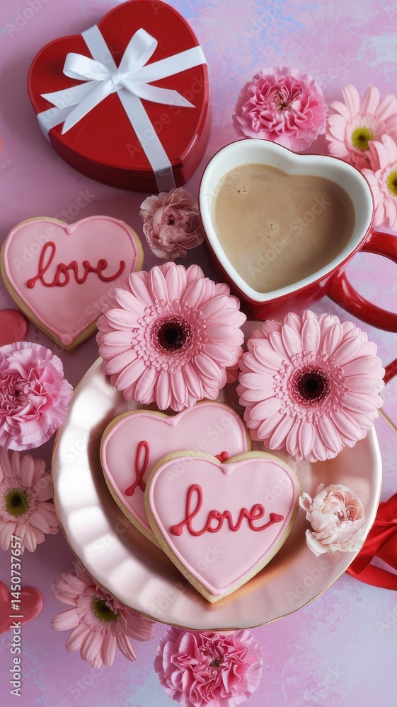 Naklejka premium Valentine's plate with cookies, gift box, daisies and coffee cup