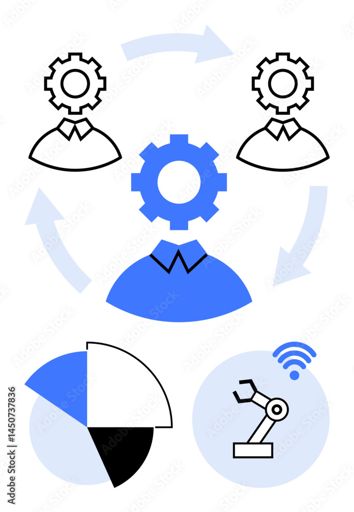 Gear-headed figures connected by arrows, pie chart, robotic arm with wireless signal. Ideal for business, teamwork, automation, technology, process improvement, data-driven work flat simple metaphor Gear-headed figures connected by arrows, pie chart, robotic arm with wireless signal. Ideal for business, teamwork, automation, technology, process improvement, data-driven work flat simple metaphor
