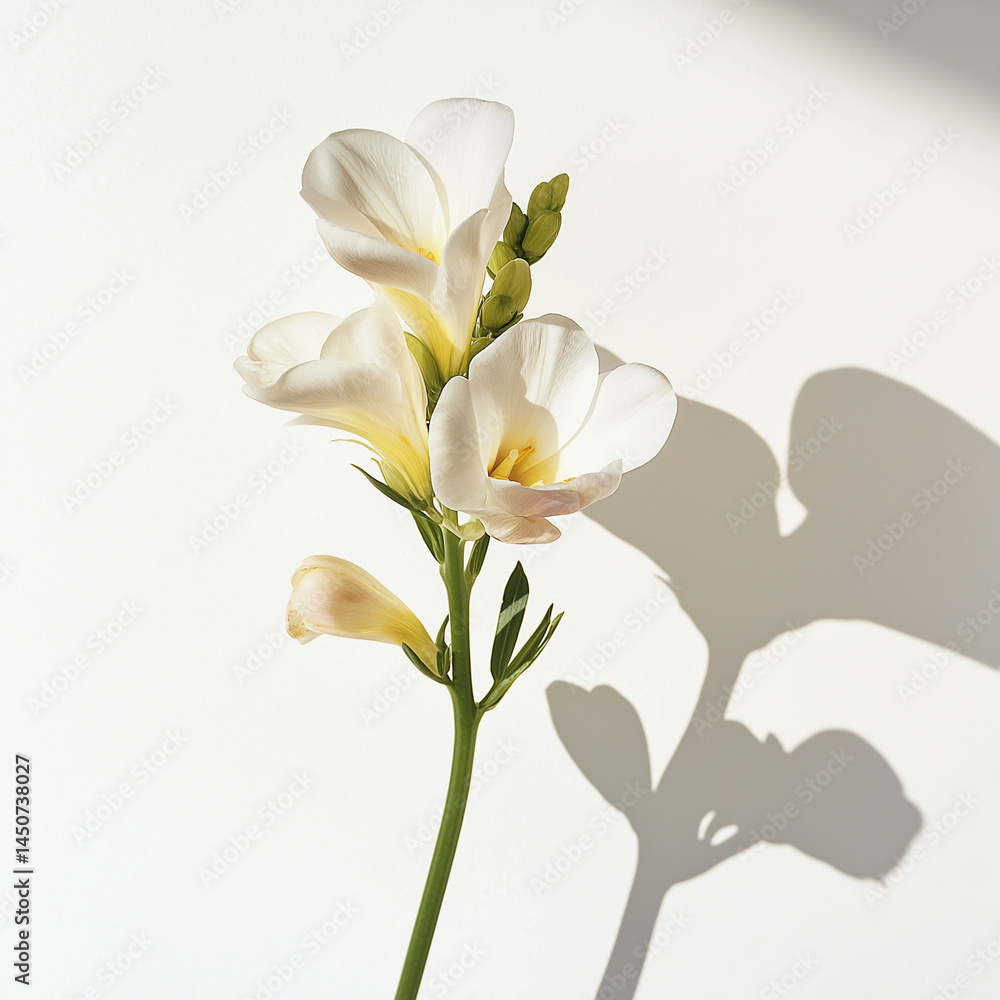 Fototapeta premium single freesia flower against a pure white background.