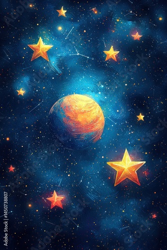 Vibrant cosmic scene with glowing stars and textured celestial elements