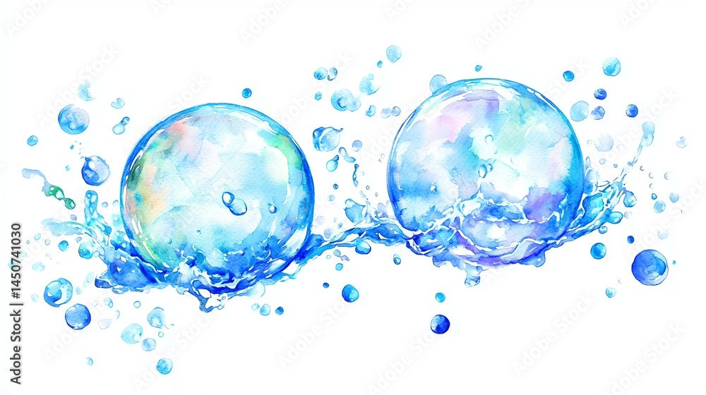 Two blue spheres with a splash of water surrounding them