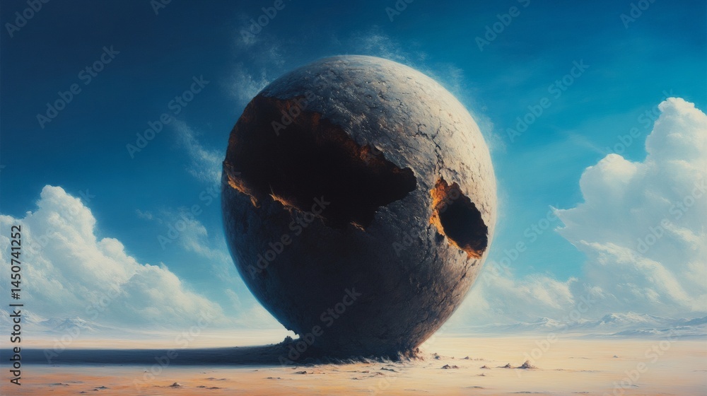 A large, cracked, and broken rock is in the middle of a desert