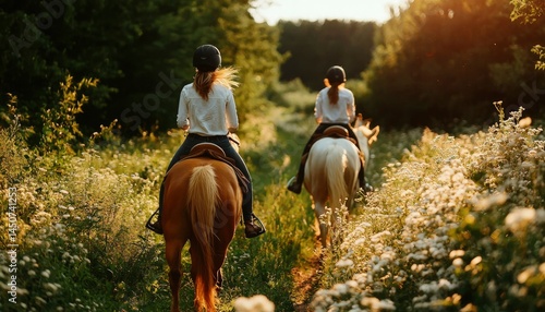 Two girls horseback riding in a sunlit forest path