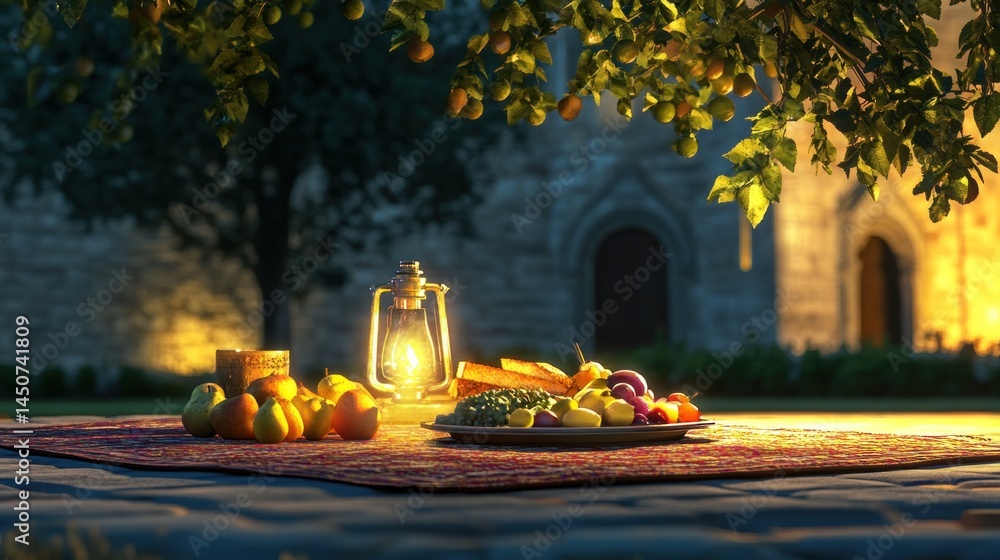 Fototapeta premium Rustic outdoor picnic at dusk with fruit bread and lantern