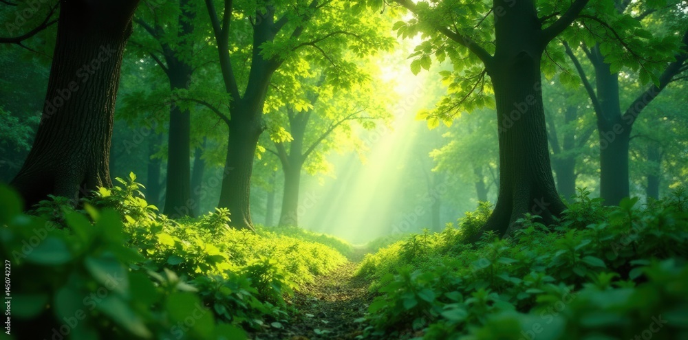 Naklejka premium Sunlight dappled, emerald canopy, vibrant undergrowth, wild, background, ecosystem