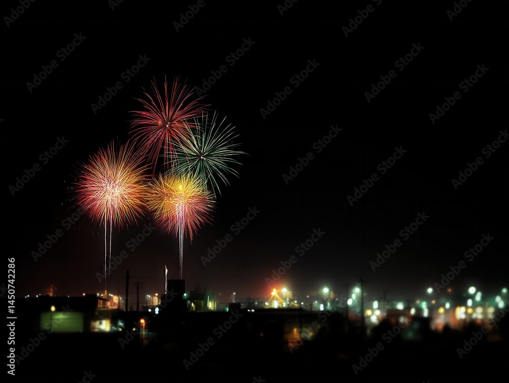 Vibrant Fireworks Display Illuminating the Night Sky Over a Distant Cityscape Celebration with Colorful Bursts and Dark Background Capturing the Festive Mood and Excitement Vibrant Fireworks Display Illuminating the Night Sky Over a Distant Cityscape Celebration with Colorful Bursts and Dark Background Capturing the Festive Mood and Excitement