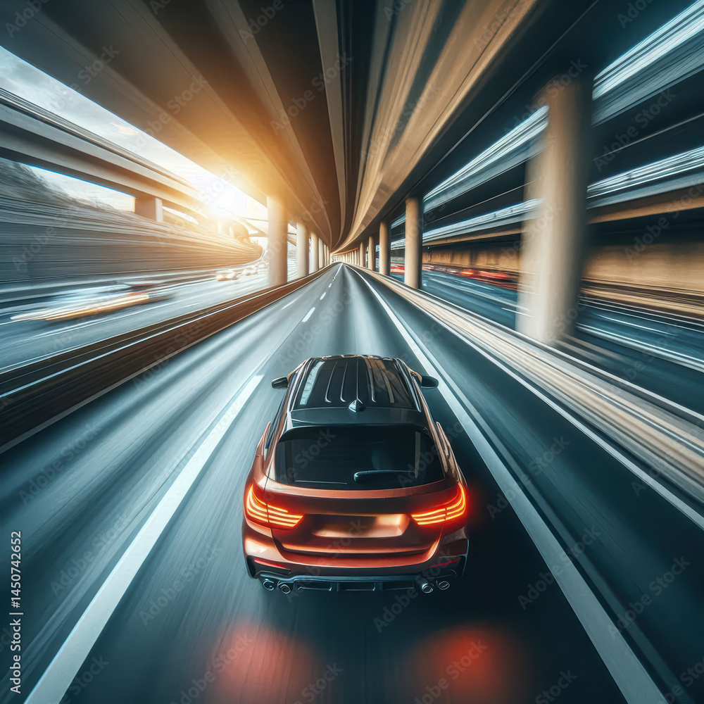 Fast car driving on highway with sunset backdrop creating dynamic motion and energy Fast car driving on highway with sunset backdrop creating dynamic motion and energy