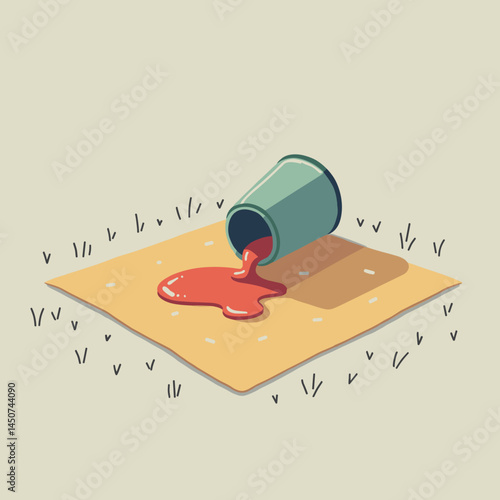 overturned cup with spilled red liquid on mat 