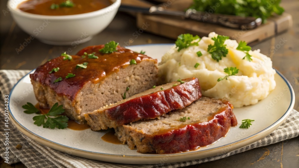 Homemade Classic Meatloaf with Mashed Potatoes and Gravy on Plate
Homemade Classic Meatloaf with Mashed Potatoes and Gravy on Plate