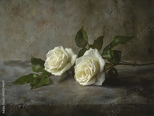Photo of a beautiful bouquet of white roses lying on a textured dark stone background
