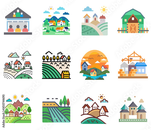 Charming Village: Lineal Color Icons Set for Rural Life