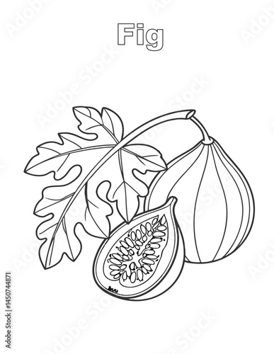 Fig illustration, one whole and one half, with a leaf. coloring page