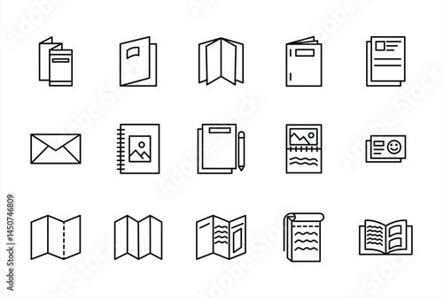 Brochure line icon set. Flyer, open book. Outline signs for printing. Editable Stroke. vector illustration	