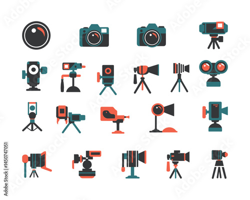 Camera and Video Equipment Icons Vector Set  Tripods DSLR Action Cameras Studio Gear.