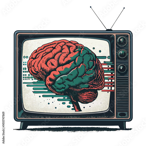 A retro CRT television screen displaying a glitching, pixel-art brain; vibrant, distorted colors; static interference; nostalgic 8-bit aesthetic.