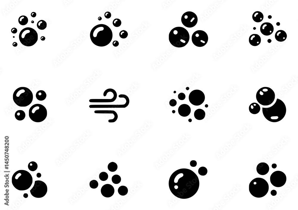 Fototapeta premium Black bubbles and wind icons set on white background
