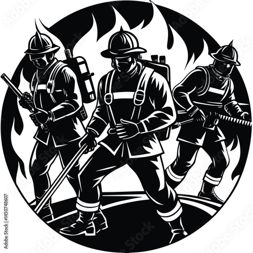 Firefighters' Courage and Action: A monochrome illustration captures the bravery and unity of firefighters as they face flames, symbolizing their dedication and valor in the face of danger.