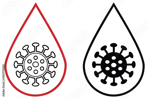 Two blood drops hold virus icons, one red outlined and another in solid black