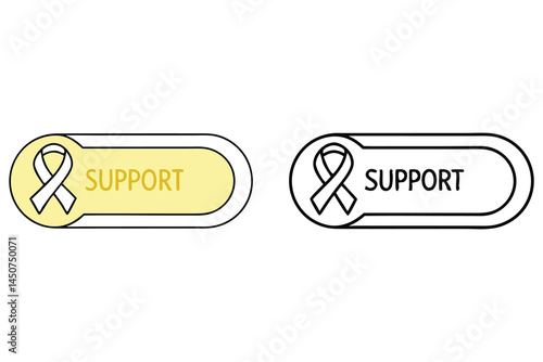 Two simple awareness buttons display the word support with ribbons on transparent backdrop