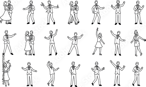 Dance line icon set. Vector pictograms of various people dancing styles - ballet, salsa, hip-hop, traditional folk, tango, jazz, samba, flamenco, disco freestyle