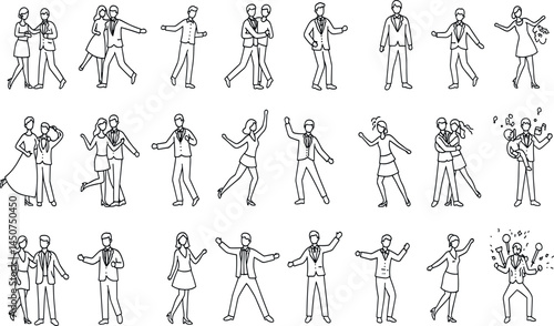 Dance line icon set. Vector pictograms of various people dancing styles - ballet, salsa, hip-hop, traditional folk, tango, jazz, samba, flamenco, disco freestyle