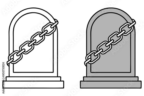 Two stylized tombstones each are draped with a chain against a plain white background