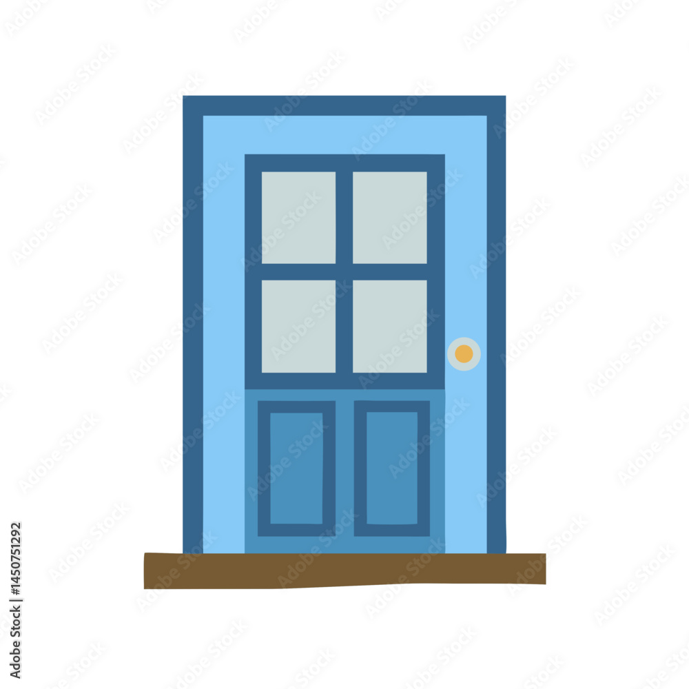 Blue front door icon with glass panels in flat style Blue front door icon with glass panels in flat style