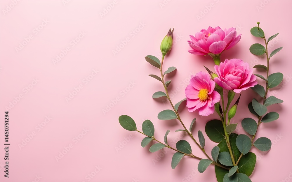 Flowers composition. Pink flowers and eucalyptus branches on pink background. Valentines day, mothers day, womens day concept. Flat lay, top view. High quality Flowers composition. Pink flowers and eucalyptus branches on pink background. Valentines day, mothers day, womens day concept. Flat lay, top view. High quality