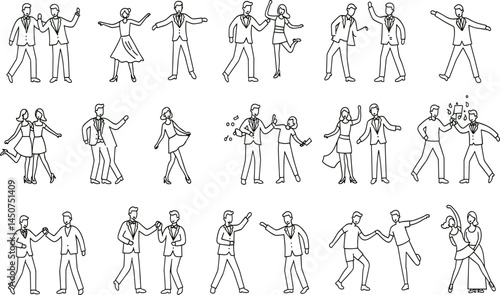 Dance line icon set. Vector pictograms of various people dancing styles - ballet, salsa, hip-hop, traditional folk, tango, jazz, samba, flamenco, disco freestyle