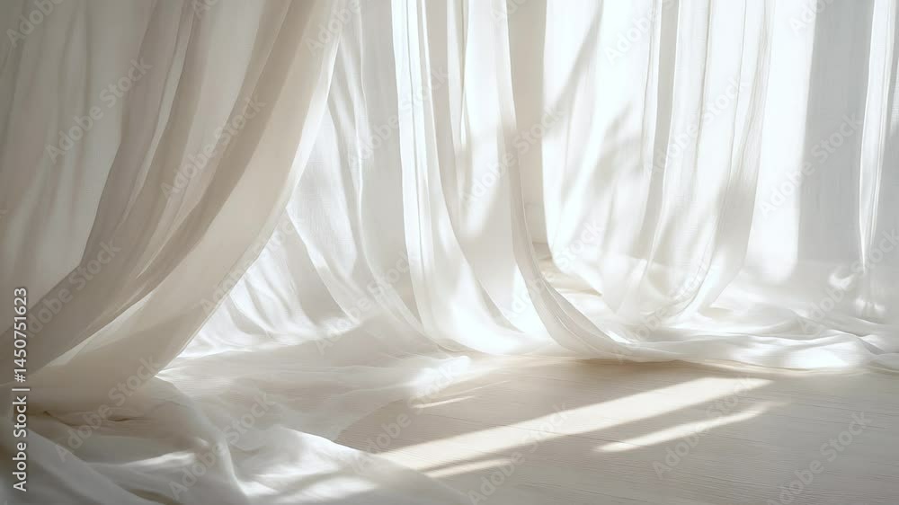 Soft white curtains gently swaying in breeze create calm, peaceful atmosphere in sunlit room. Beauty of minimalism and serenity that white curtains bring to modern interior design Soft white curtains gently swaying in breeze create calm, peaceful atmosphere in sunlit room. Beauty of minimalism and serenity that white curtains bring to modern interior design