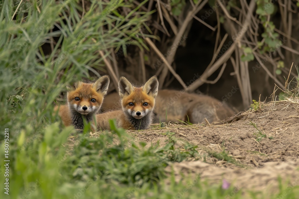 Obraz premium Red fox pups playfully exploring their grassy surroundings near their den, Red Fox Young Pups are playing in the grass near the burrow Vulpes vulpes