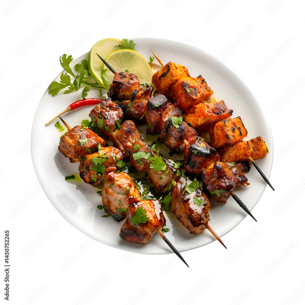 Chicken skewers on plate isolated on transparent background cutout element Chicken skewers on plate isolated on transparent background cutout element