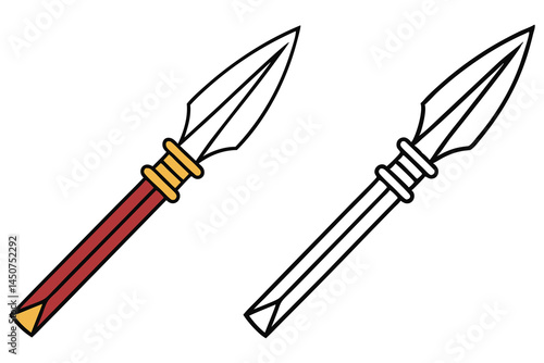 Ancient spear depicted in color and black outline presents historical weaponry elements