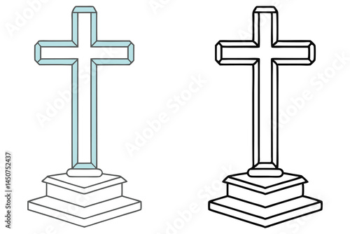 Two outlined crosses, one shaded in light blue, stand on tiered platforms against white