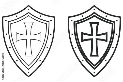 Two medieval shields display a cross symbol in varying line thickness against white backdrop