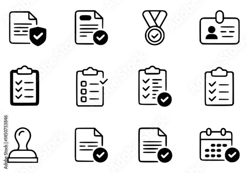 Approved documents checklist and badge icon set