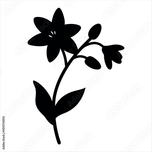 Striking silhouette of a blooming flower with leaves and budding stems