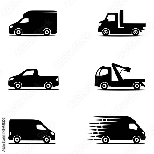 Collection of black and white commercial vehicles silhouettes