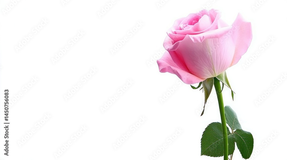 Elegant pink rose with layered petals and vibrant green stem stands against a stark white Elegant pink rose with layered petals and vibrant green stem stands against a stark white