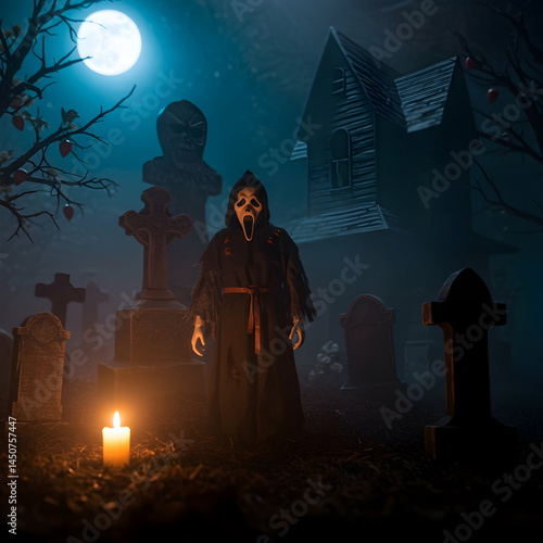 A figure in a ghostface mask standing in a graveyard with a candle and a haunted house behind