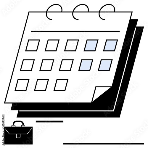 Desk calendar with spiral binding displaying marked dates and a briefcase. Ideal for planning, scheduling, organization, business, deadlines, productivity, and work-life balance. Flat simple metaphor