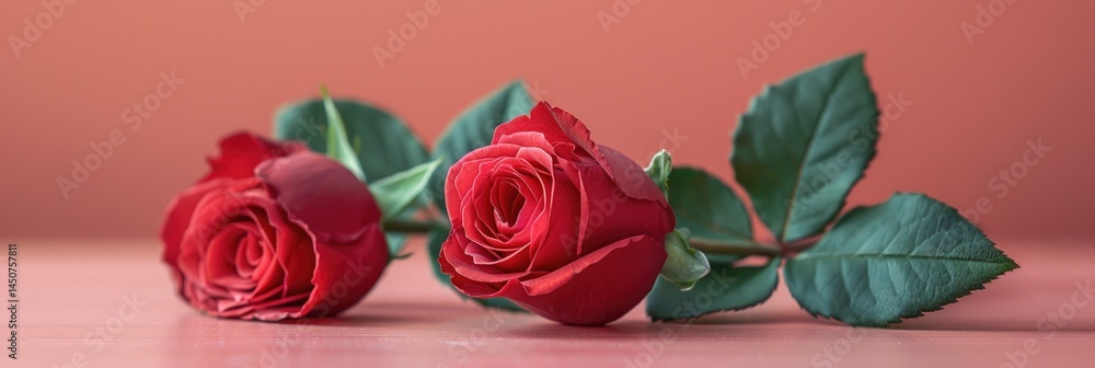 Naklejka premium This stunning image features two elegant red roses, showcasing their velvety petals and vivid green leaves against a soft coral background, embodying beauty and romance.