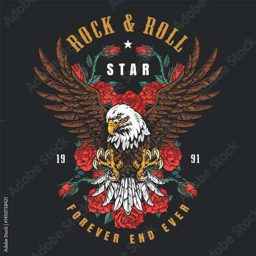 Vintage rock and roll eagle design with roses
