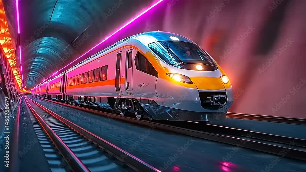 Futuristic train speeds through neon tunnel Futuristic train speeds through neon tunnel