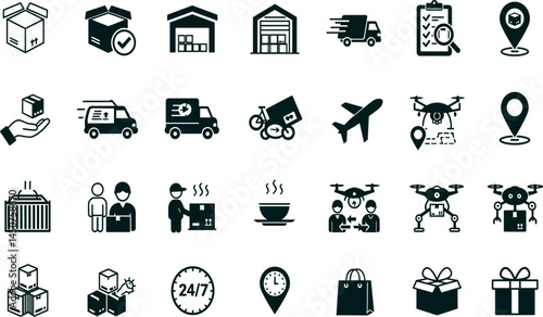 Delivery, logistics icon set. Vector glyph pictograms of package, truck, warehouse, drone, supply chain, shopping bag, shipping, courier, e-commerce concept black silhouette