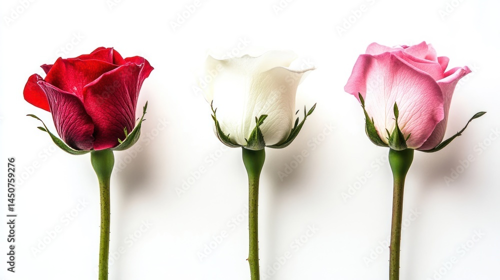 Striking composition of a red, white, and pink rose, isolated against a clean, minimalist white Striking composition of a red, white, and pink rose, isolated against a clean, minimalist white
