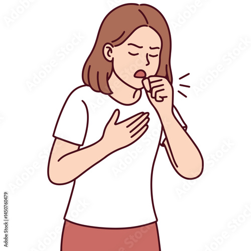 Young woman holds chest and coughs due to asthma attack, struggling to breathe