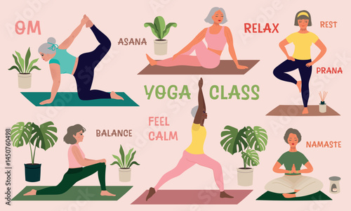 Vector illustration of different aged women doing yoga exercises with plants and yoga text around