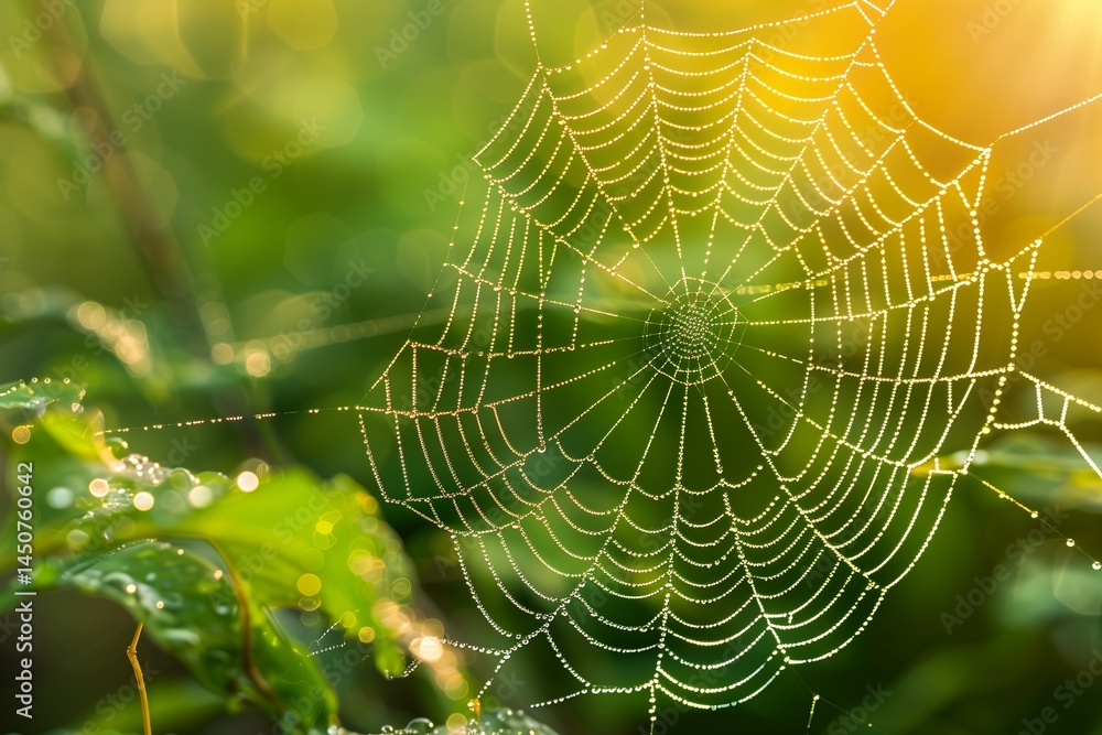 A close-up of a delicate spider web glistening with dew drops in morning light, surrounded by vibrant green foliage. A close-up of a delicate spider web glistening with dew drops in morning light, surrounded by vibrant green foliage.