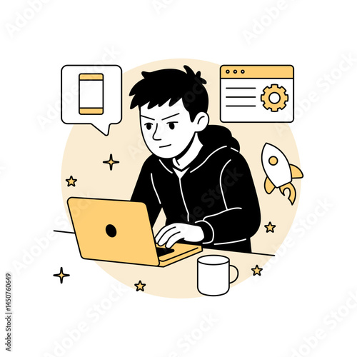 Vector illustration of a focused man coding on a laptop at night, surrounded by app icons and a rocket, for tech startup, app development, and programming themes.